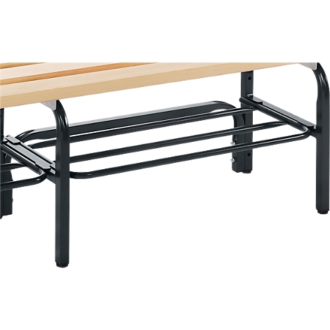 Close-up of a bench with light wooden slats and a black metal frame, which also serves as a shoe rack.