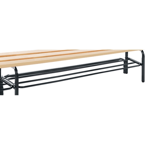 View of a bench. The seat is made of wood, the frame of black metal. Below the seat is a shelf for shoes.