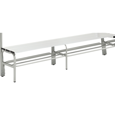 White-gray bench with metal frame. The seat board is provided lengthwise with wooden slats. Metal shelves are located underneath.