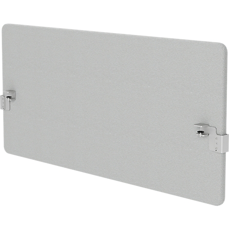 Couverture grise et rectangulaire avec deux supports blancs sur les côtés. La surface a une légère texture.