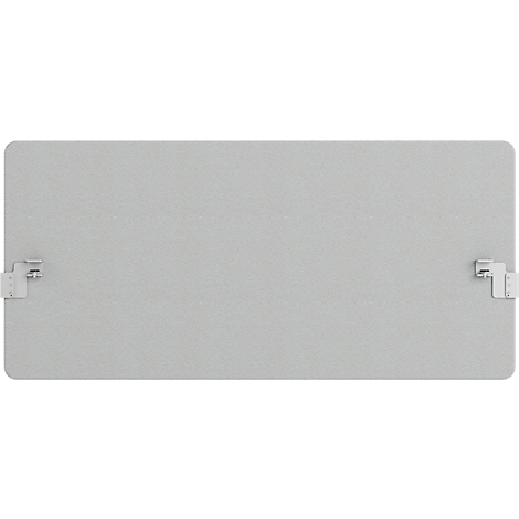 Une pièce grise rectangulaire avec des supports blancs aux deux extrémités courtes.