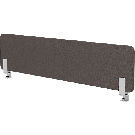 Séparateur de bureau gris avec pinces blanches. Forme rectangulaire aux coins arrondis. Fixation par serre-joints.