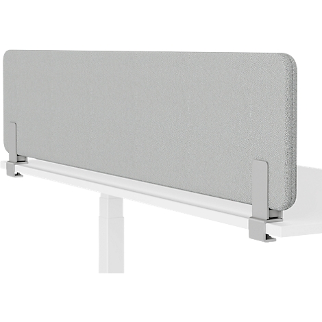 Cloison de bureau en tissu gris avec supports gris sur un bureau blanc.