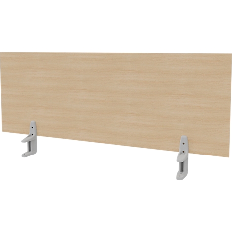 Panneau en bois avec deux supports gris. Le panneau a un grain de bois clair. Les supports sont fixés en bas à gauche et à droite.