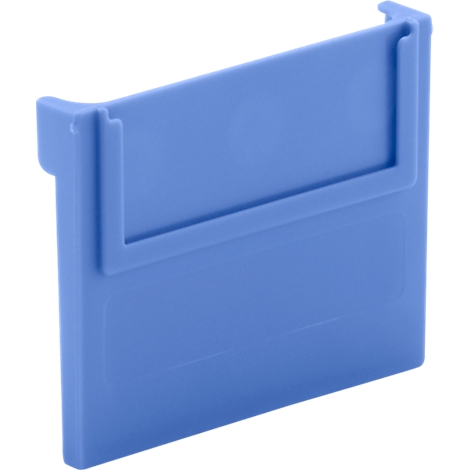 Insert en plastique bleu avec des coins arrondis, qui a un crochet sur le dessus.