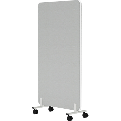 Cloison grise rectangulaire sur pieds blancs avec roulettes.