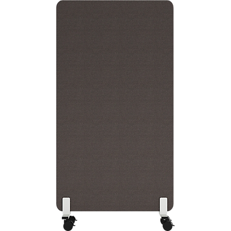 Une cloison rectangulaire marron sur roulettes. Haut et bas arrondis, sur pieds blancs. Les roulettes sont noires.