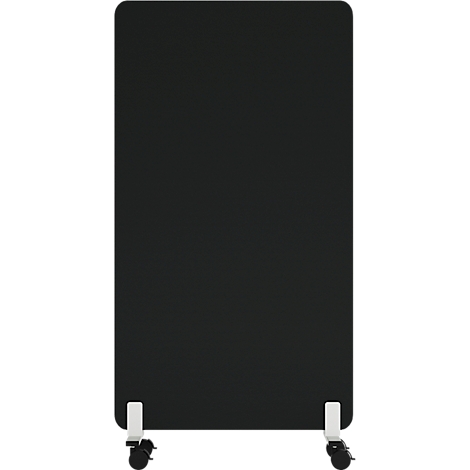 Panneau de séparation noir et rectangulaire avec des coins arrondis. Il repose sur des supports blancs avec des roulettes.