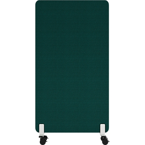 Grand élément vert et roulant avec des supports blancs, servant de cloison ou de tableau.