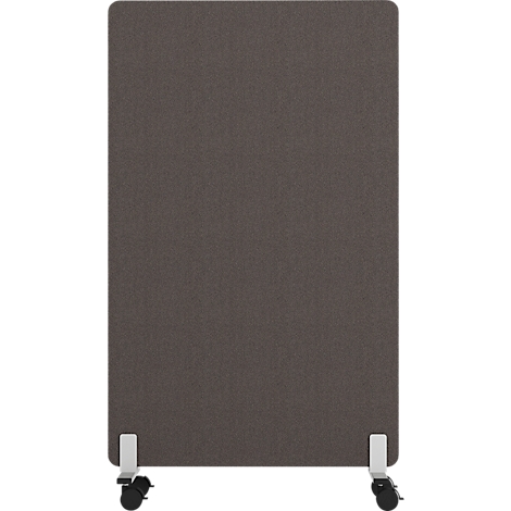 Cloison rectangulaire grise sur roulettes. Les pieds et les roues sont blancs et noirs.
