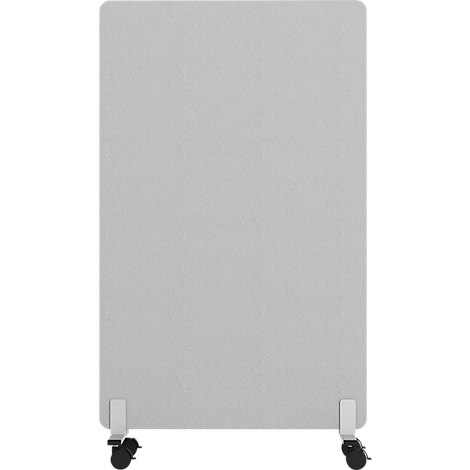 Cloison de séparation rectangulaire grise sur roulettes, sur fond blanc. Les roues sont noires.