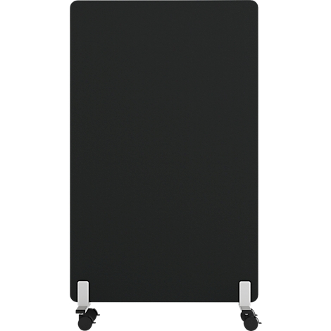Cloison noire et rectangulaire avec roulettes.