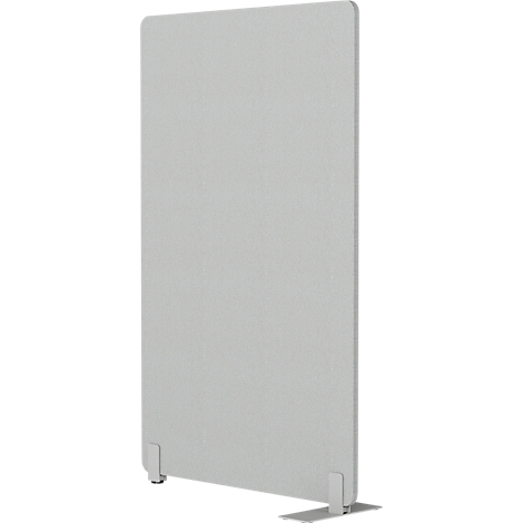 Système de cloison de bureau gris de forme rectangulaire. Les pieds sont blancs et posés au sol.