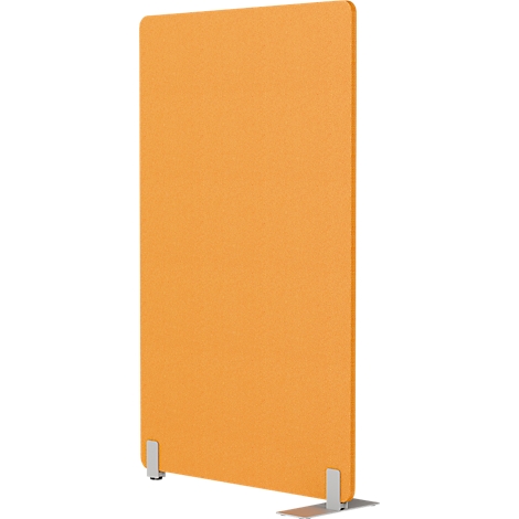Panneau de séparation rectangulaire orange avec pieds argentés.