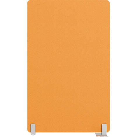 Élément rectangulaire orange avec pieds blancs, probablement un système de cloison de bureau.