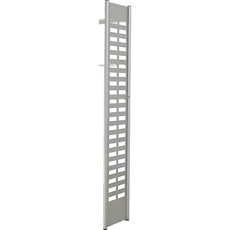 Gray, rectangular object with horizontal slits. It has a narrow, vertical shape.