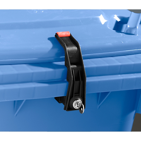 Close-up of a blue trash can with a black handle and padlock.