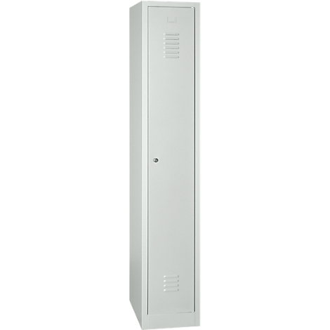 A single, gray steel locker with ventilation slots and a door handle.