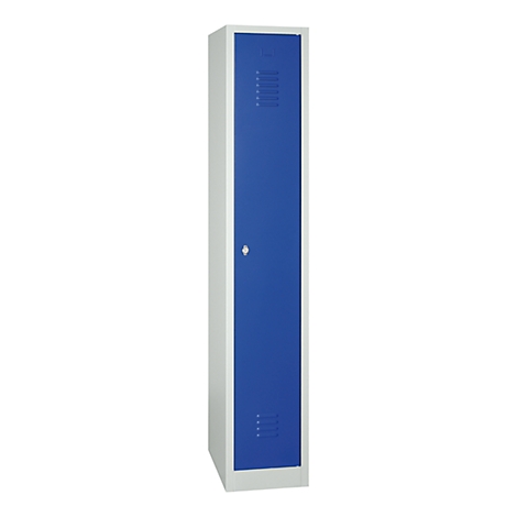 Blue locker with vents and lock, in a white frame.