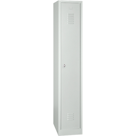 Grey locker with a lock and ventilation slots.