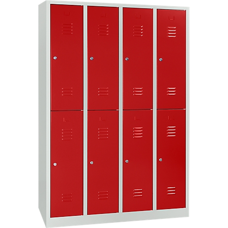 Red locker with eight doors. The doors have silver handles and ventilation slots.