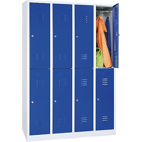 A blue and white locker. One door is open, showing clothes and a bag.