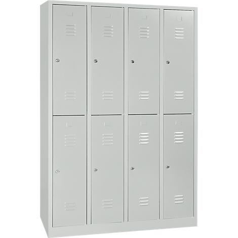 Eight gray lockers side by side, each with ventilation slots and door handles.