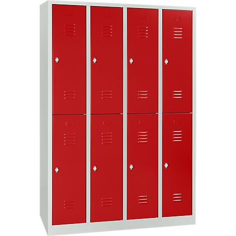 Eight red lockers with ventilation slots, in a white frame.