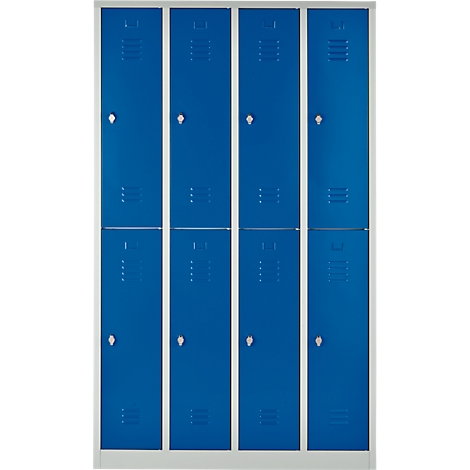 Blue lockers, arranged in two rows of four doors, with silver handles and ventilation slots.