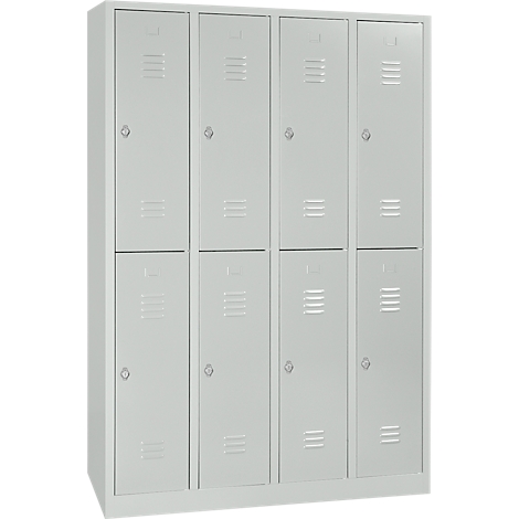 Grey steel cabinet with eight doors. Each door has ventilation slots and a handle.