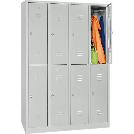 Gray locker with an open door, inside which hangs an orange jacket, a blue jacket and a green bag.
