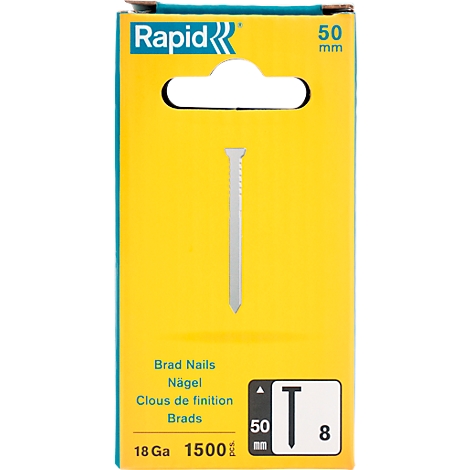 Emballage jaune avec des clous blancs, étiqueté: Rapid, Brad Nails, 50mm, 1500 pièces.