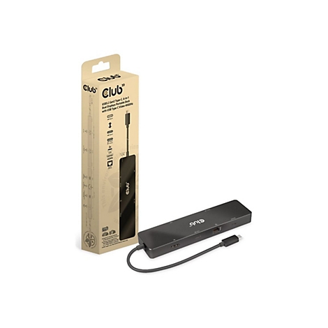 Schwarze Club 3D USB-Dockingstation mit Verpackung, Text: USB 3.2 Gen2 Type-C, 6-in-1 Dual Displays Portable Dock.