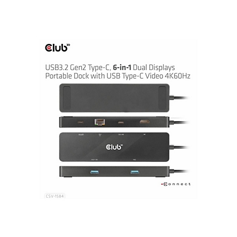 Draufsicht auf ein schwarzes USB-C-Dock mit Anschlüssen. Text: "6-in-1 Dual Displays".