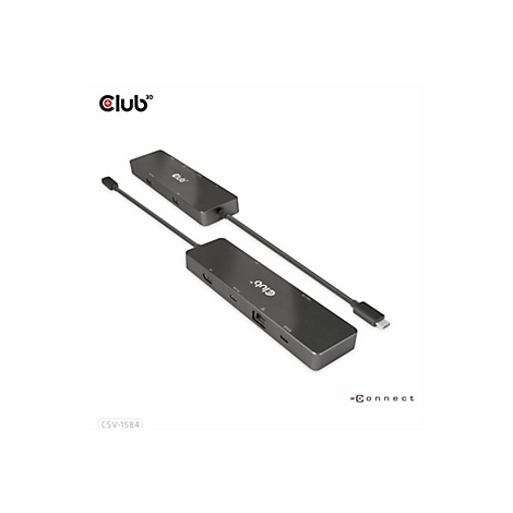 Zwei schwarze Club3D Adapter, verbunden durch Kabel. Aufschrift: „Club3D“ und „-Connect“. Auf weißem Grund.