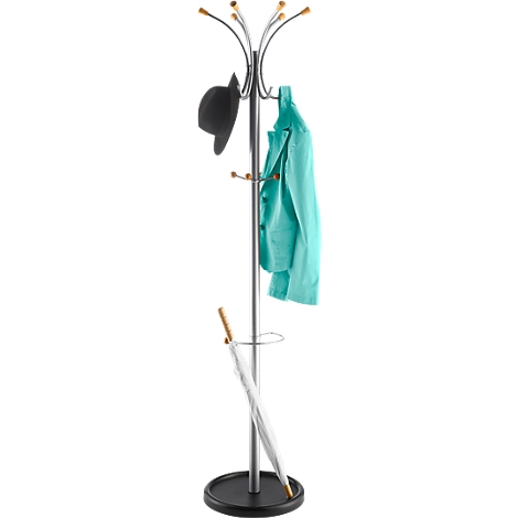 Coat stand with hat, jacket and umbrella. Gray column with hooks, black base. Golden ends above the hooks.