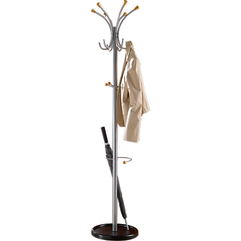 A silver coat rack with yellow tips, on which hangs a light brown coat and an umbrella.