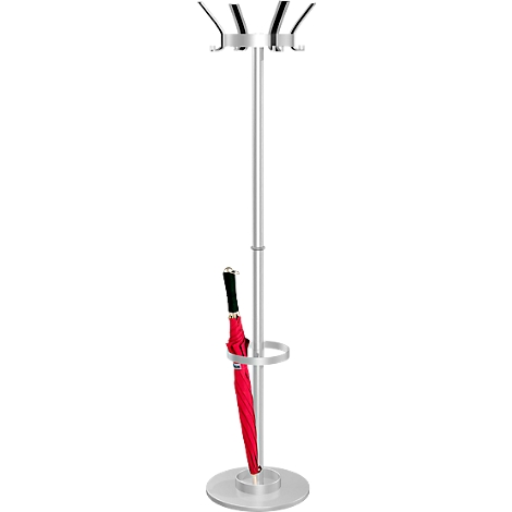 Grey silver coat stand with red umbrella in a white background.