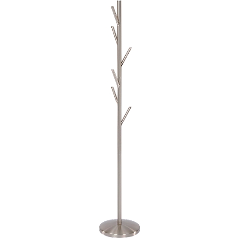 Silver coat stand with round base and protruding hooks.