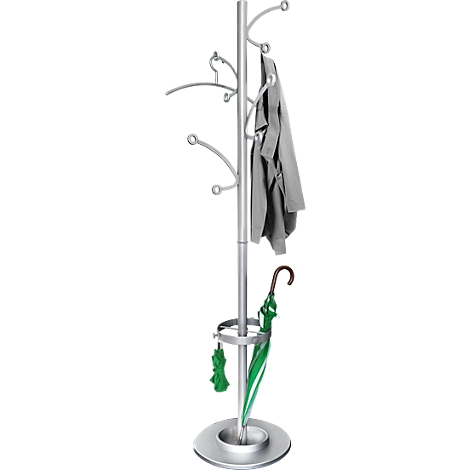 Stylish metal coat rack. A jacket and umbrella hang on the hooks.