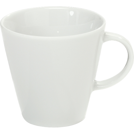 A white coffee mug with a handle, which tapers.