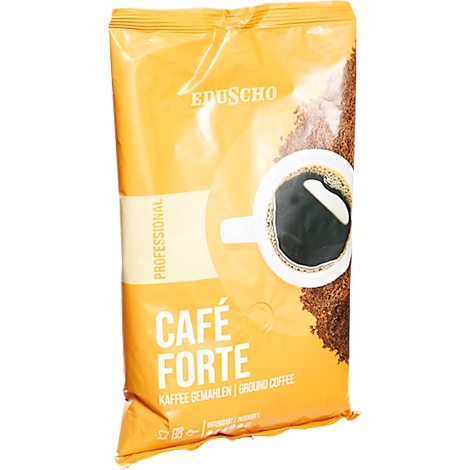 Eduscho Café Forte coffee bag with coffee bean illustration. Text: Café Forte, ground coffee.