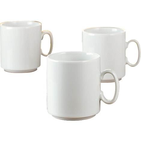 Three white coffee cups with handles, against a white background.