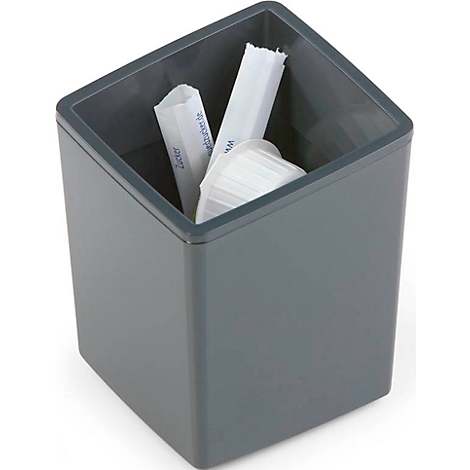 Gray square container with sugar and coffee packets.