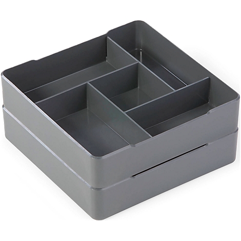 Gray drawer box with compartments. The upper box is divided into several compartments.