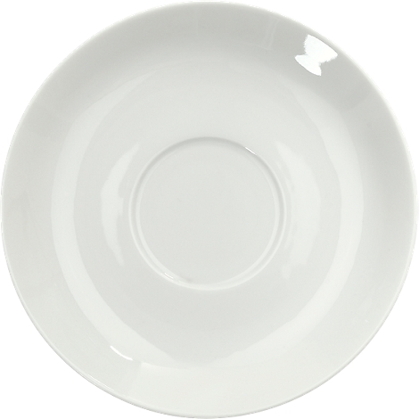 White saucer, from a bird's eye view. The edge is rounded and the center is slightly recessed.