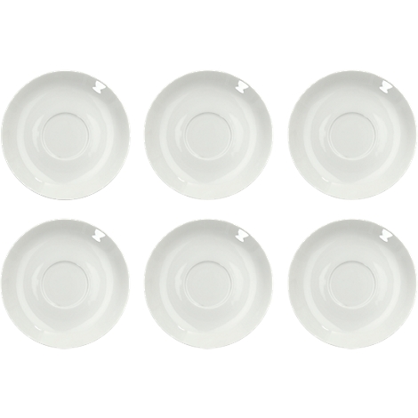 Top view of six white saucers. The saucers are round with a recess in the center.