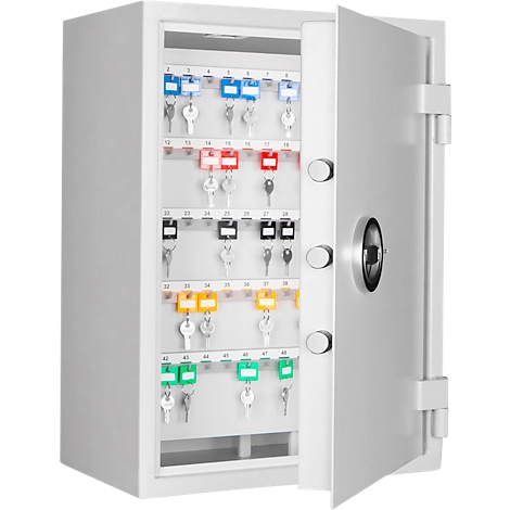 Un coffre-fort à clés blanc ouvert. Des porte-clés colorés avec des clés blanches sont rangés dans le coffre-fort.
