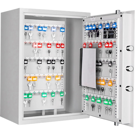 Coffre-fort à clés gris ouvert avec des porte-clés colorés et un bloc-notes sur la porte.