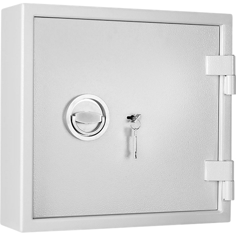 Armoire à clés grise ouverte avec porte-clés colorés disposés en rangées.